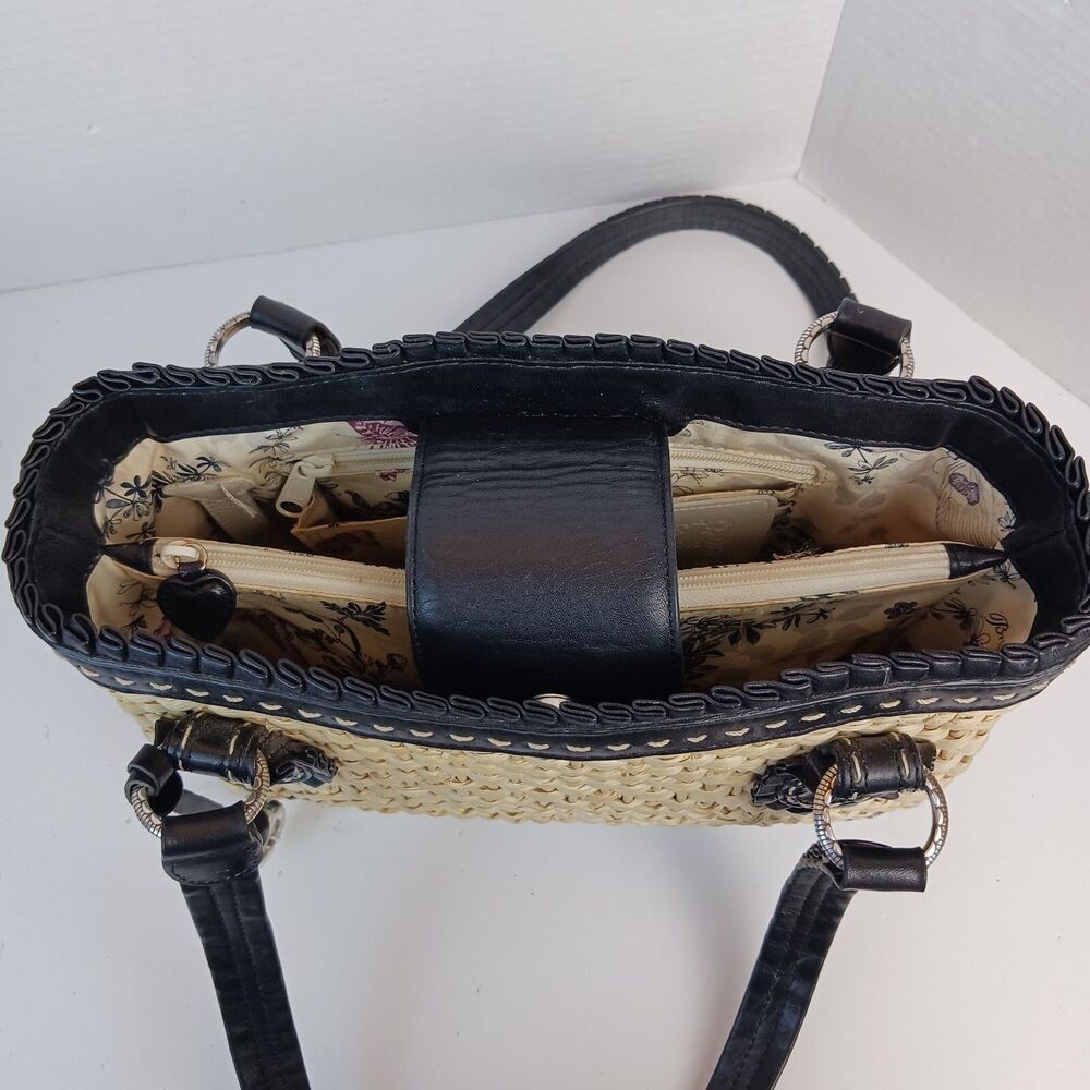 Brighton Straw Raffia Woven Handbag Black Ruffle Double Strap Tote Shopper Purse - Picture 8 of 16